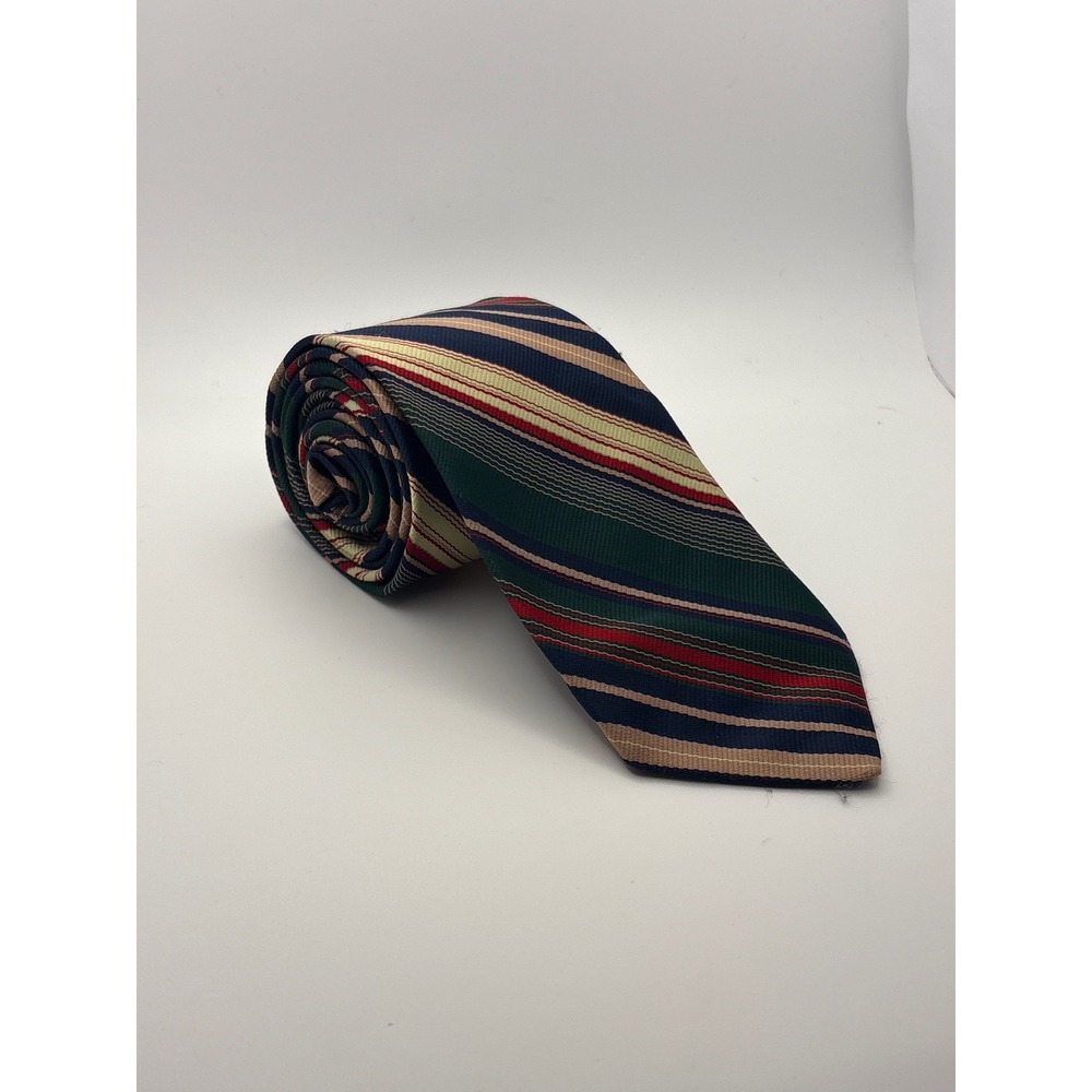 Vintage Qiana Nylon Striped Necktie Multi-Color Navy Green Red Textured Men Tie